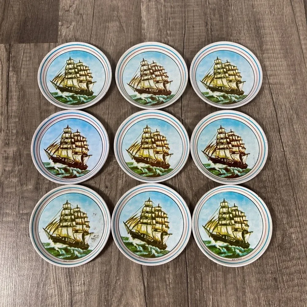 Vintage Tin Metal Coasters Ship Ocean Coastal Beach Nautical Set/9 Made Brazil